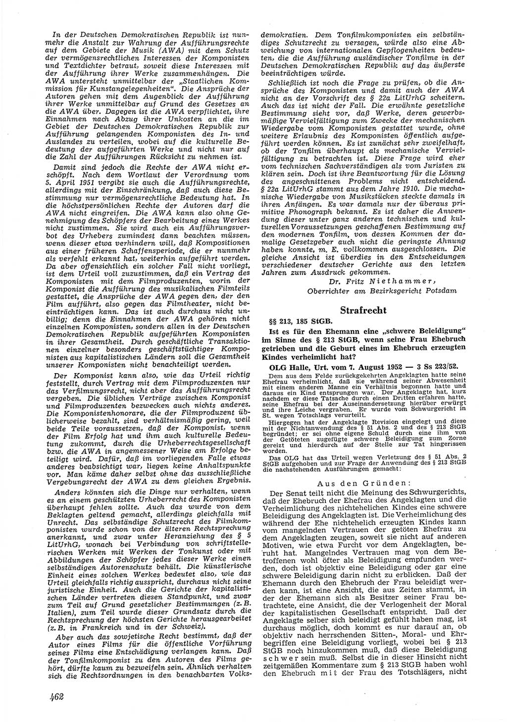 Neue Justiz (NJ), Zeitschrift für Recht und Rechtswissenschaft [Deutsche Demokratische Republik (DDR)], 6. Jahrgang 1952, Seite 462 (NJ DDR 1952, S. 462)