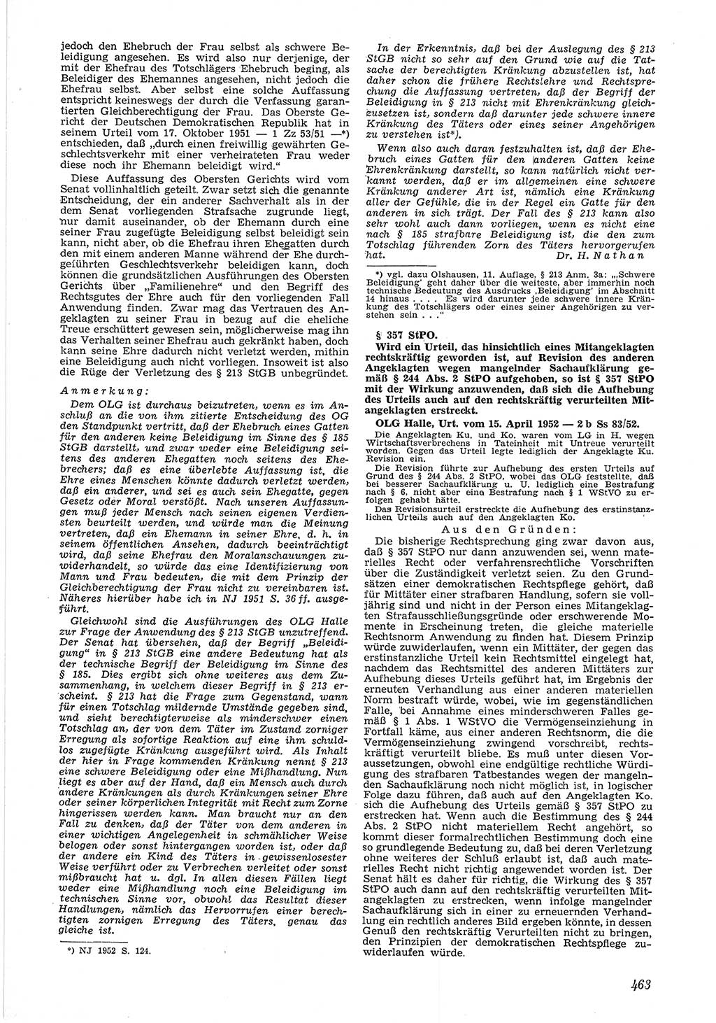 Neue Justiz (NJ), Zeitschrift für Recht und Rechtswissenschaft [Deutsche Demokratische Republik (DDR)], 6. Jahrgang 1952, Seite 463 (NJ DDR 1952, S. 463)