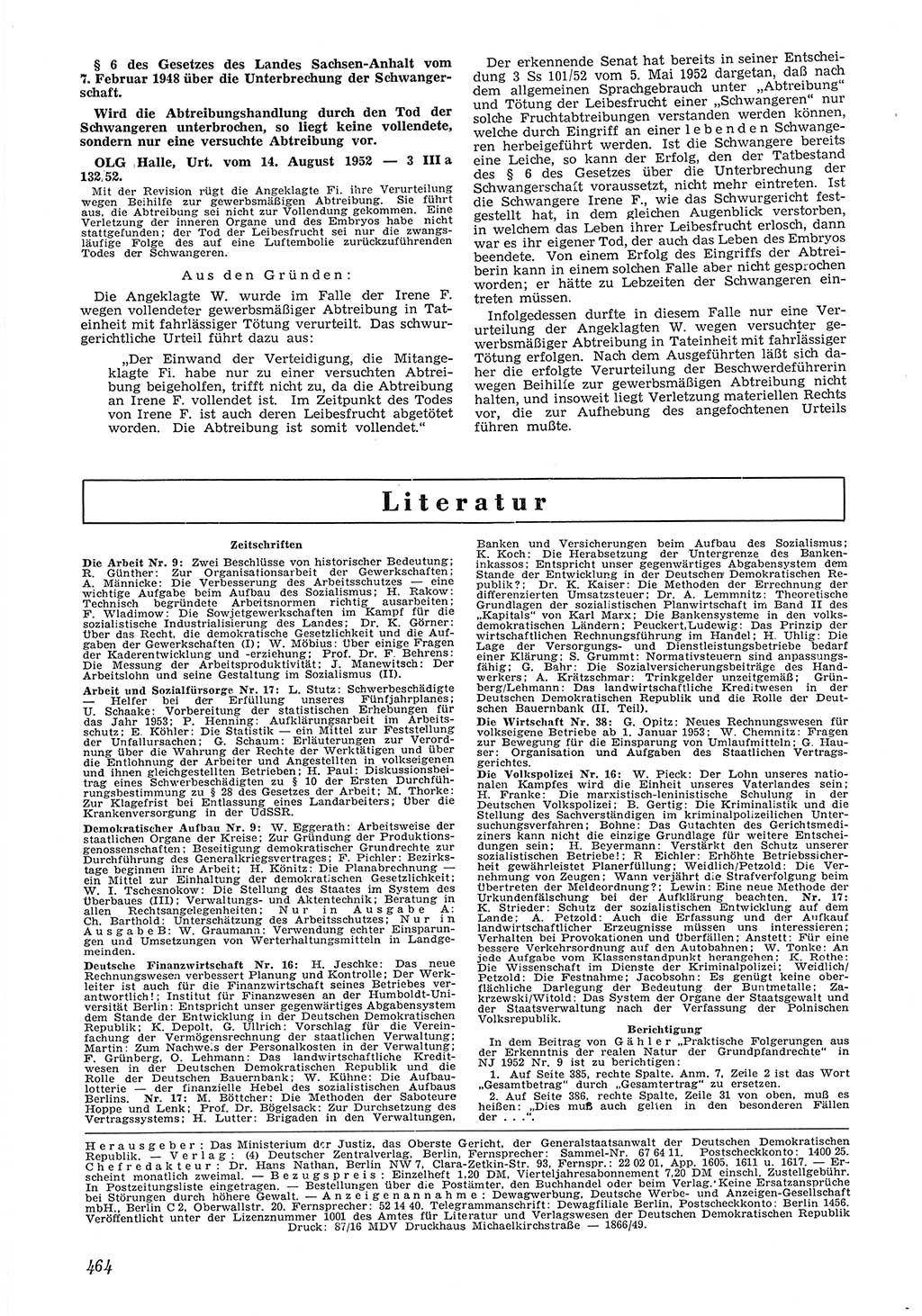 Neue Justiz (NJ), Zeitschrift für Recht und Rechtswissenschaft [Deutsche Demokratische Republik (DDR)], 6. Jahrgang 1952, Seite 464 (NJ DDR 1952, S. 464)