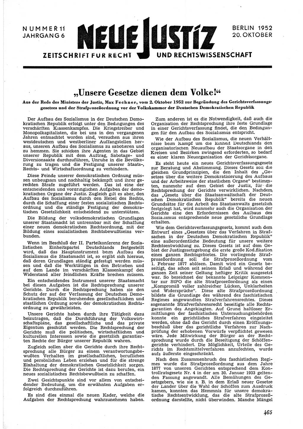 Neue Justiz (NJ), Zeitschrift für Recht und Rechtswissenschaft [Deutsche Demokratische Republik (DDR)], 6. Jahrgang 1952, Seite 465 (NJ DDR 1952, S. 465)