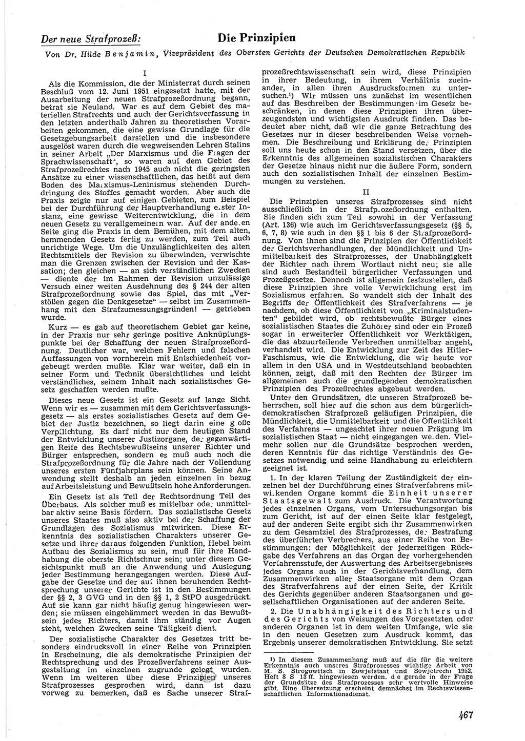 Neue Justiz (NJ), Zeitschrift für Recht und Rechtswissenschaft [Deutsche Demokratische Republik (DDR)], 6. Jahrgang 1952, Seite 467 (NJ DDR 1952, S. 467)