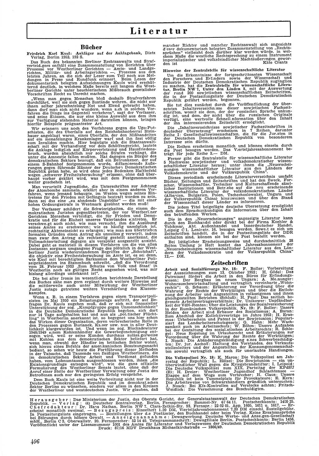 Neue Justiz (NJ), Zeitschrift für Recht und Rechtswissenschaft [Deutsche Demokratische Republik (DDR)], 6. Jahrgang 1952, Seite 496 (NJ DDR 1952, S. 496)