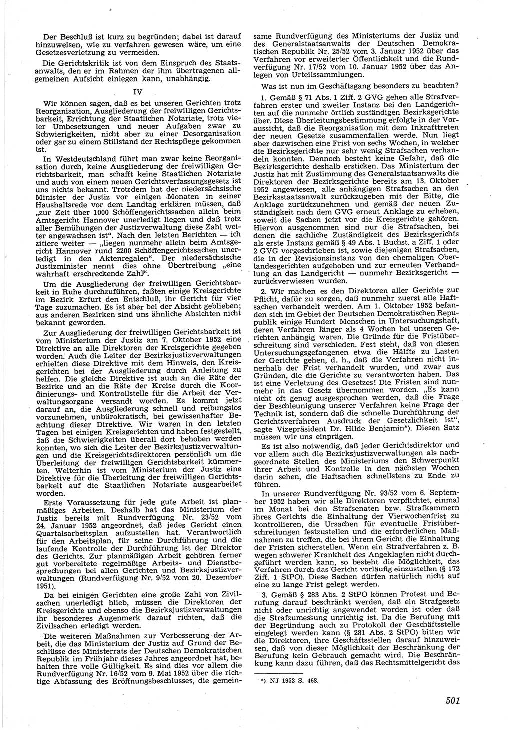 Neue Justiz (NJ), Zeitschrift für Recht und Rechtswissenschaft [Deutsche Demokratische Republik (DDR)], 6. Jahrgang 1952, Seite 501 (NJ DDR 1952, S. 501)