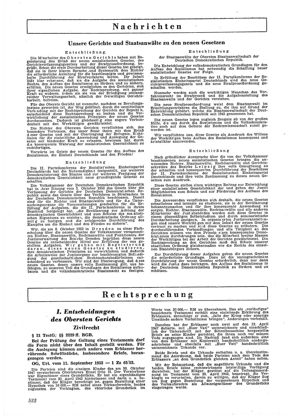 Neue Justiz (NJ), Zeitschrift für Recht und Rechtswissenschaft [Deutsche Demokratische Republik (DDR)], 6. Jahrgang 1952, Seite 522 (NJ DDR 1952, S. 522)
