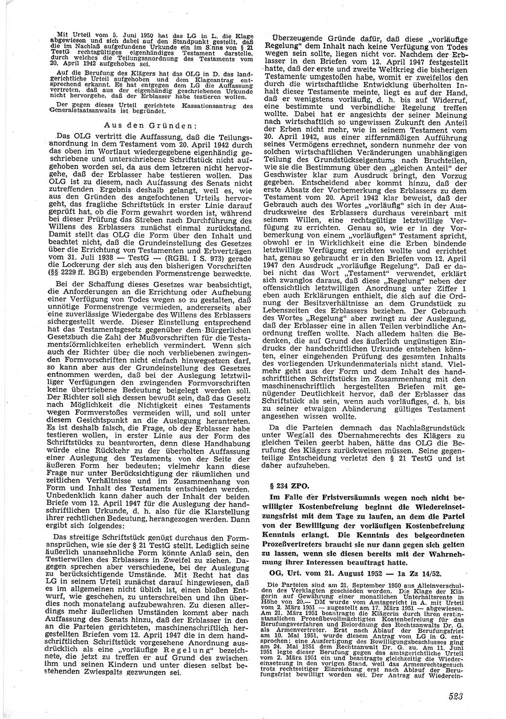 Neue Justiz (NJ), Zeitschrift für Recht und Rechtswissenschaft [Deutsche Demokratische Republik (DDR)], 6. Jahrgang 1952, Seite 523 (NJ DDR 1952, S. 523)