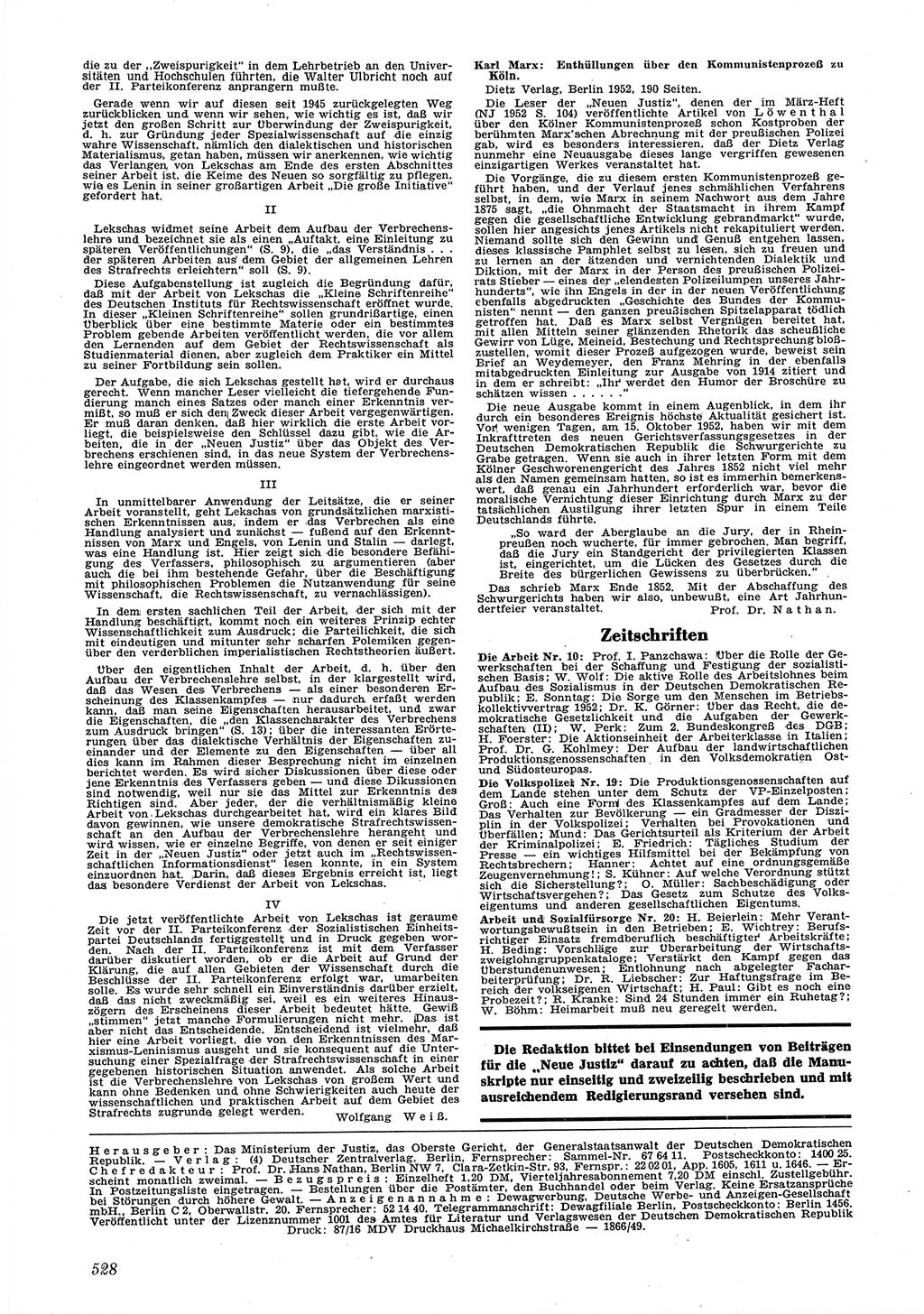 Neue Justiz (NJ), Zeitschrift für Recht und Rechtswissenschaft [Deutsche Demokratische Republik (DDR)], 6. Jahrgang 1952, Seite 528 (NJ DDR 1952, S. 528)
