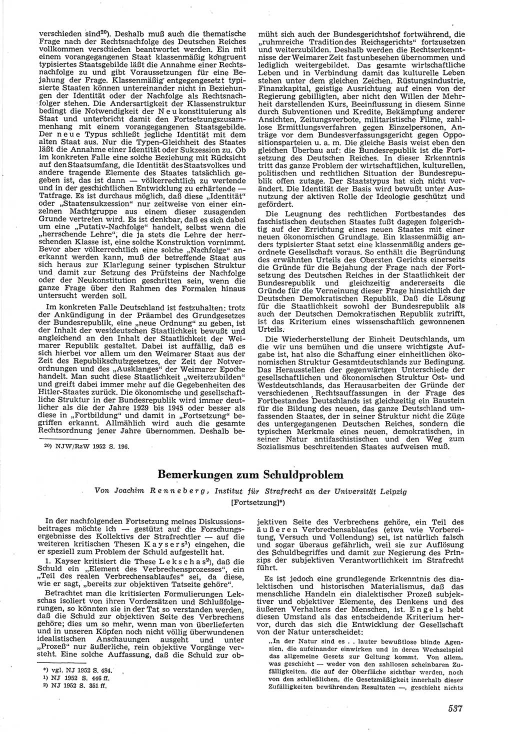 Neue Justiz (NJ), Zeitschrift für Recht und Rechtswissenschaft [Deutsche Demokratische Republik (DDR)], 6. Jahrgang 1952, Seite 537 (NJ DDR 1952, S. 537)
