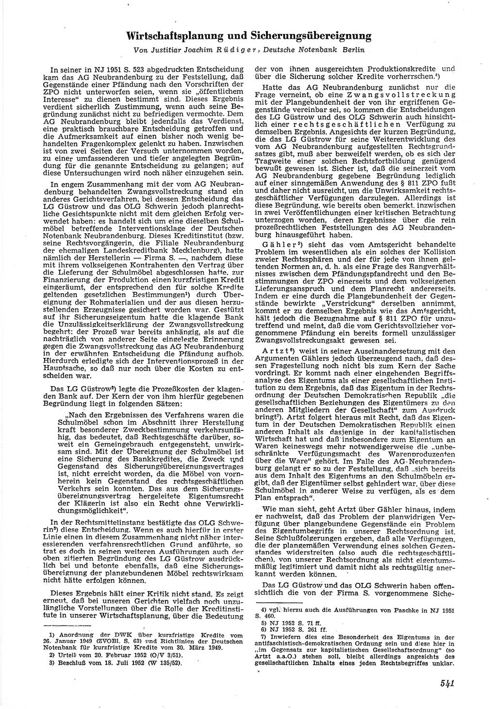Neue Justiz (NJ), Zeitschrift für Recht und Rechtswissenschaft [Deutsche Demokratische Republik (DDR)], 6. Jahrgang 1952, Seite 541 (NJ DDR 1952, S. 541)