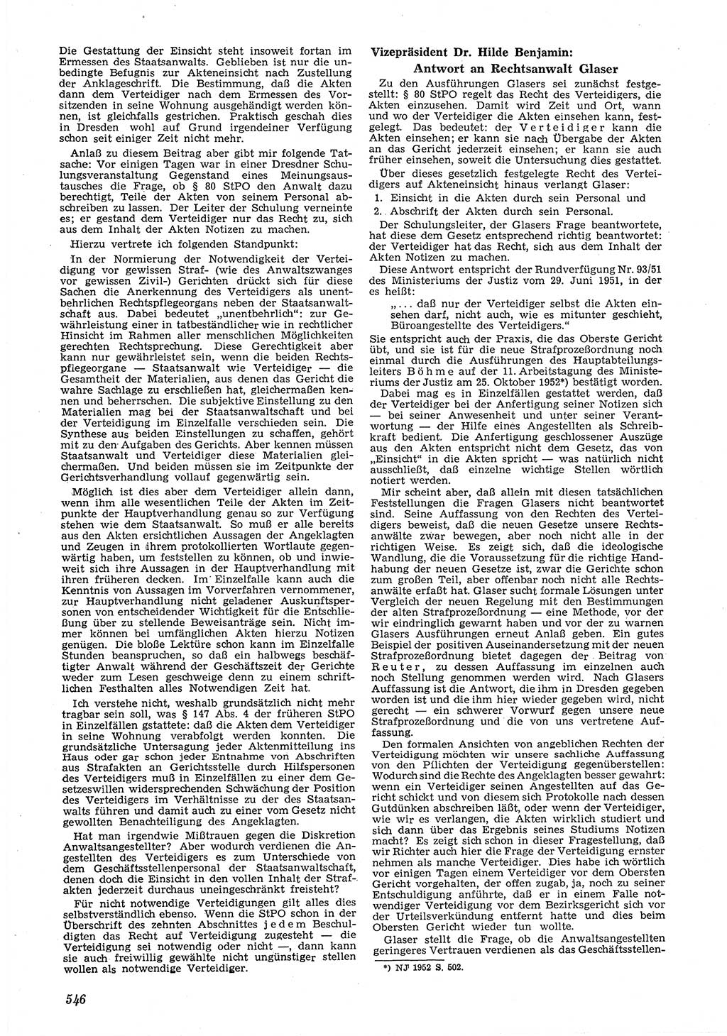 Neue Justiz (NJ), Zeitschrift für Recht und Rechtswissenschaft [Deutsche Demokratische Republik (DDR)], 6. Jahrgang 1952, Seite 546 (NJ DDR 1952, S. 546)