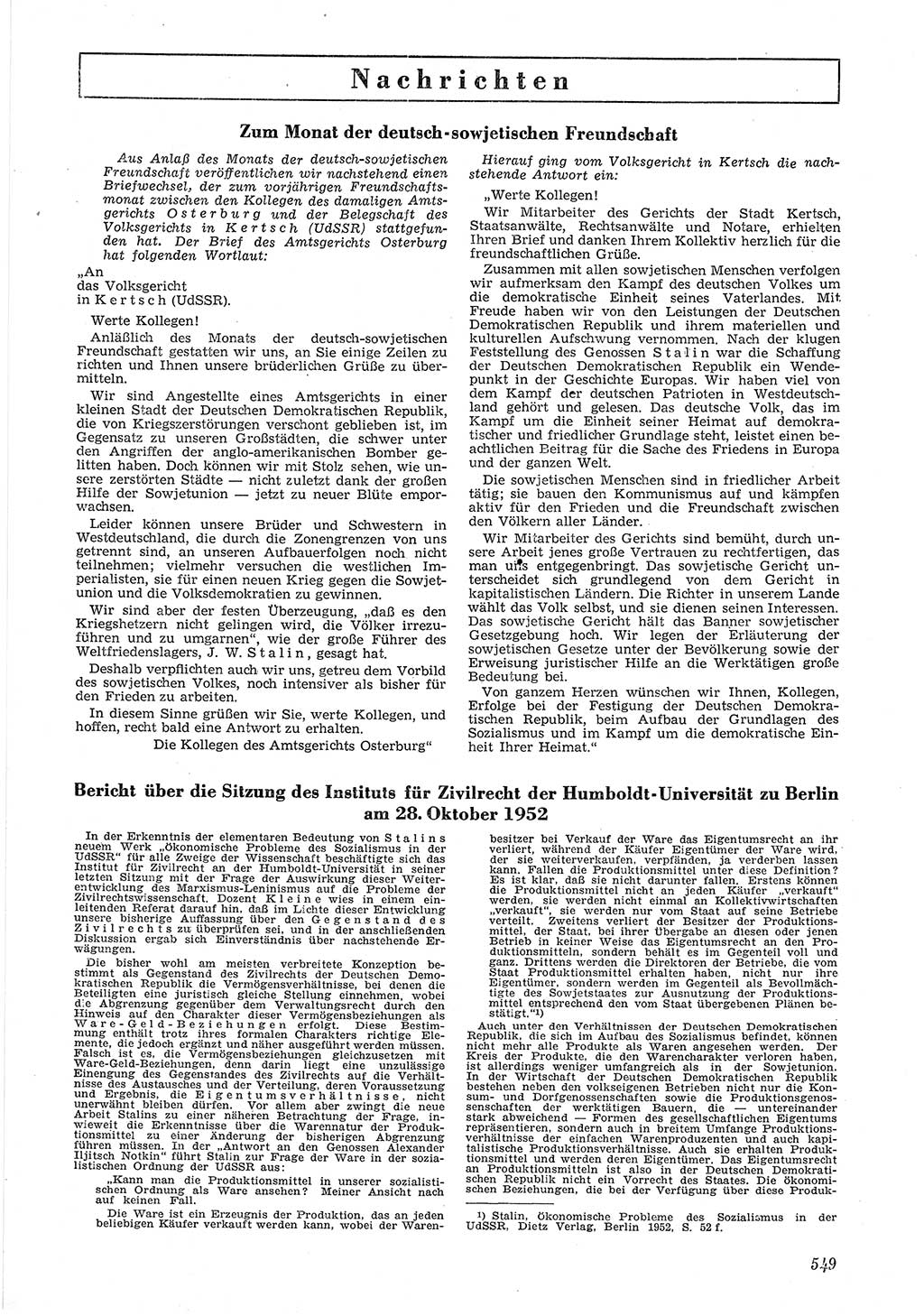 Neue Justiz (NJ), Zeitschrift für Recht und Rechtswissenschaft [Deutsche Demokratische Republik (DDR)], 6. Jahrgang 1952, Seite 549 (NJ DDR 1952, S. 549)