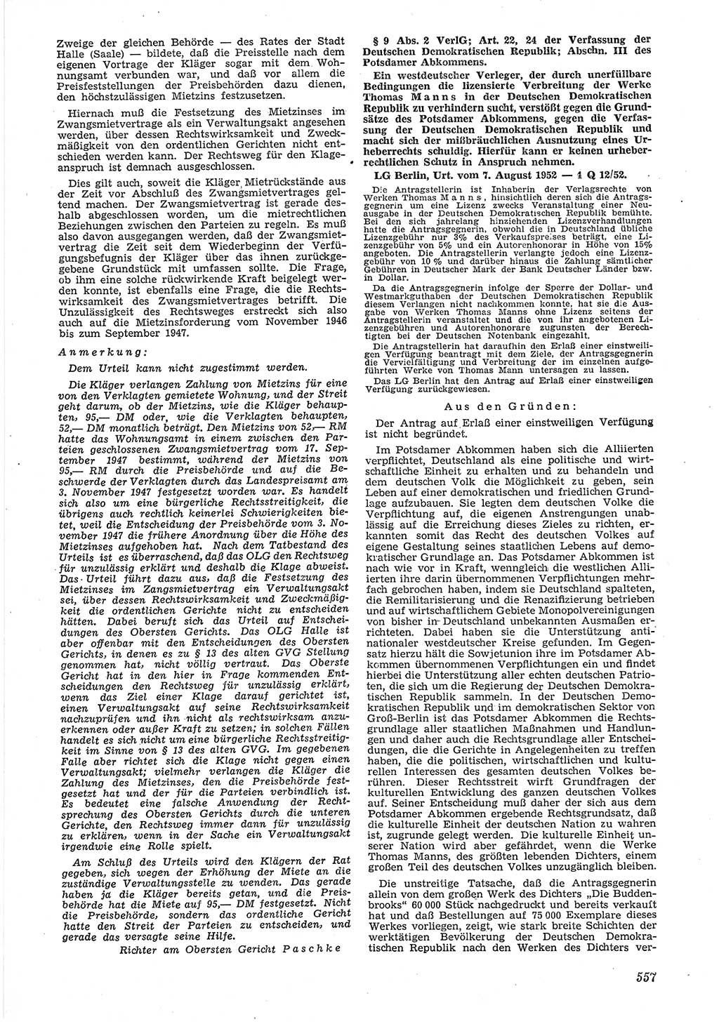 Neue Justiz (NJ), Zeitschrift für Recht und Rechtswissenschaft [Deutsche Demokratische Republik (DDR)], 6. Jahrgang 1952, Seite 557 (NJ DDR 1952, S. 557)