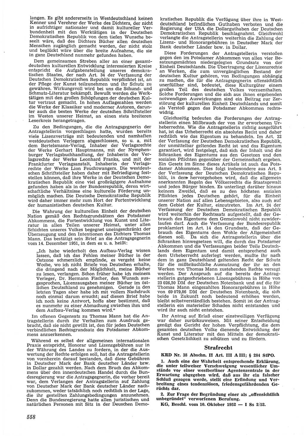 Neue Justiz (NJ), Zeitschrift für Recht und Rechtswissenschaft [Deutsche Demokratische Republik (DDR)], 6. Jahrgang 1952, Seite 558 (NJ DDR 1952, S. 558)