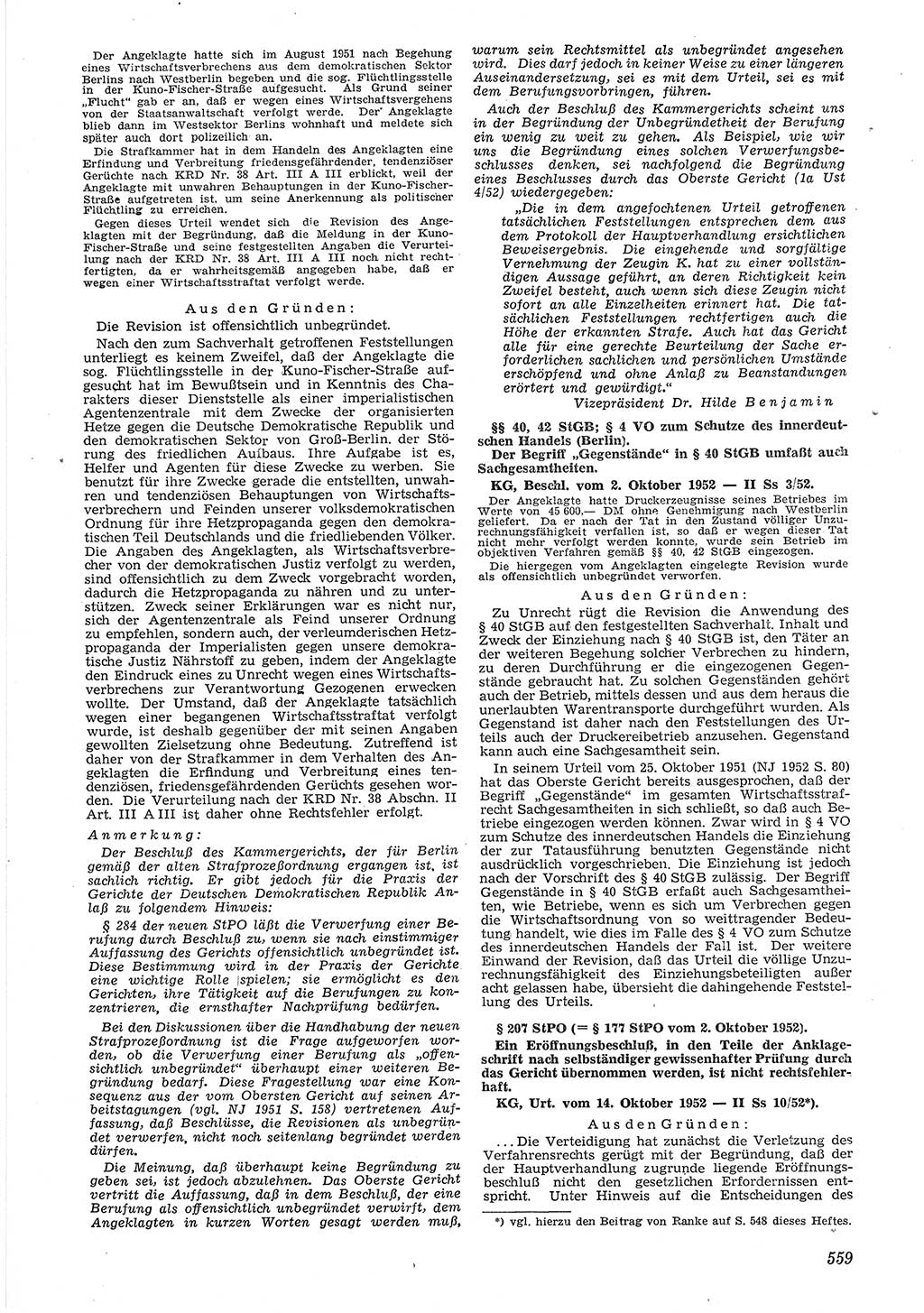 Neue Justiz (NJ), Zeitschrift für Recht und Rechtswissenschaft [Deutsche Demokratische Republik (DDR)], 6. Jahrgang 1952, Seite 559 (NJ DDR 1952, S. 559)