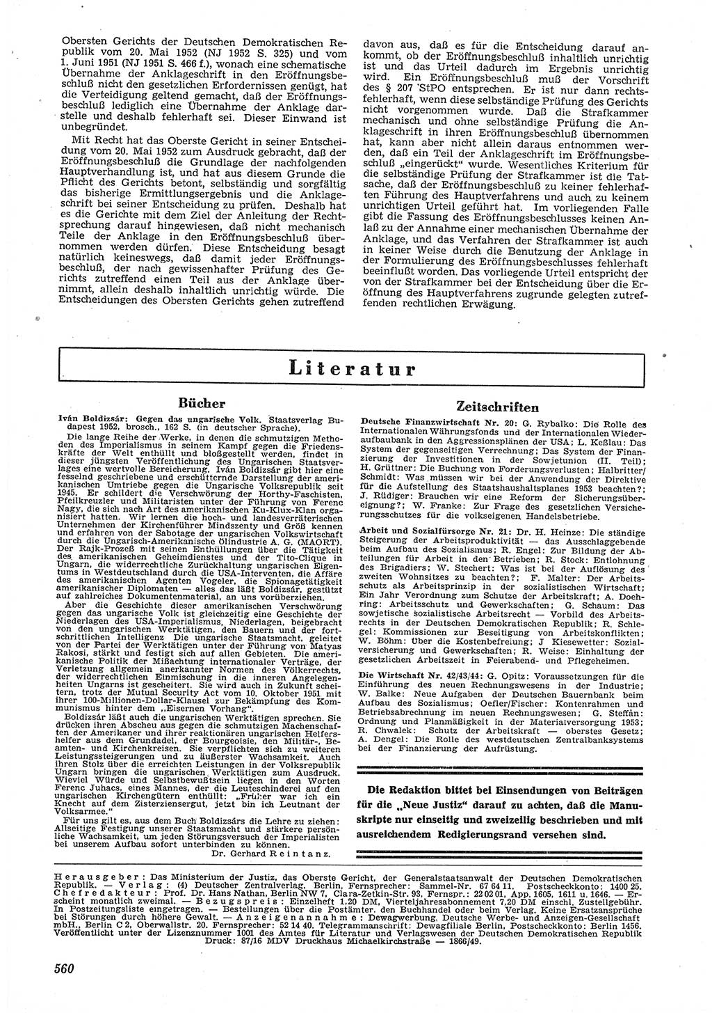 Neue Justiz (NJ), Zeitschrift für Recht und Rechtswissenschaft [Deutsche Demokratische Republik (DDR)], 6. Jahrgang 1952, Seite 560 (NJ DDR 1952, S. 560)