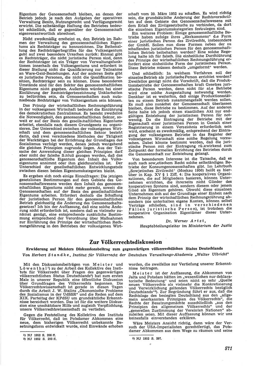 Neue Justiz (NJ), Zeitschrift für Recht und Rechtswissenschaft [Deutsche Demokratische Republik (DDR)], 6. Jahrgang 1952, Seite 571 (NJ DDR 1952, S. 571)