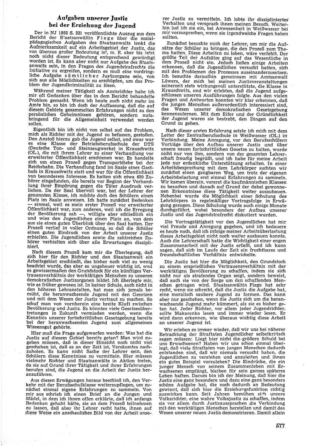 Neue Justiz (NJ), Zeitschrift für Recht und Rechtswissenschaft [Deutsche Demokratische Republik (DDR)], 6. Jahrgang 1952, Seite 577 (NJ DDR 1952, S. 577)