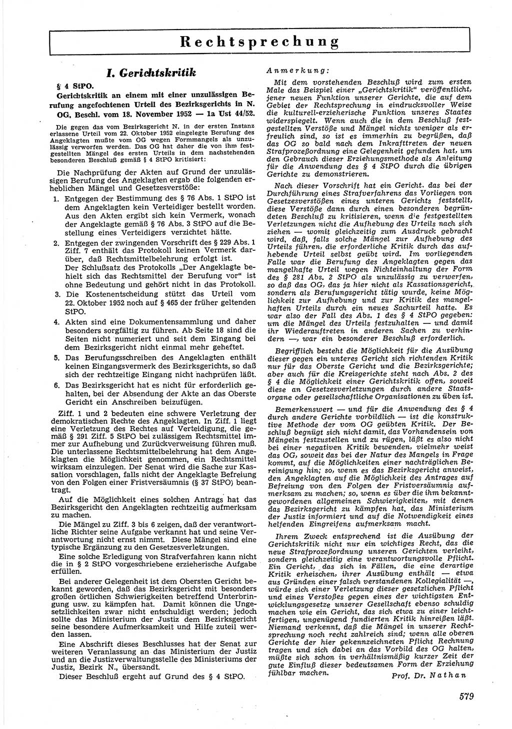 Neue Justiz (NJ), Zeitschrift für Recht und Rechtswissenschaft [Deutsche Demokratische Republik (DDR)], 6. Jahrgang 1952, Seite 579 (NJ DDR 1952, S. 579)