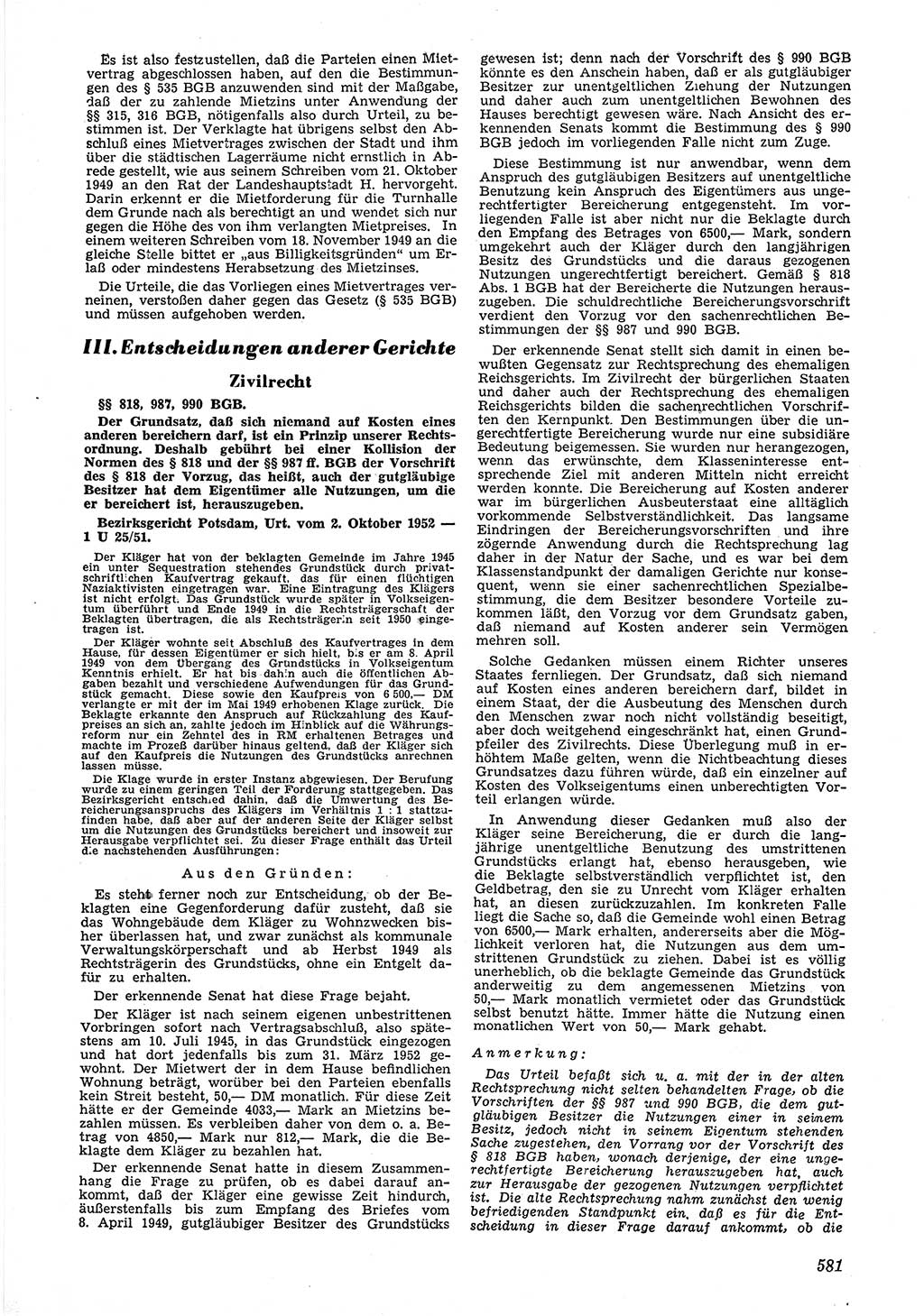 Neue Justiz (NJ), Zeitschrift für Recht und Rechtswissenschaft [Deutsche Demokratische Republik (DDR)], 6. Jahrgang 1952, Seite 581 (NJ DDR 1952, S. 581)