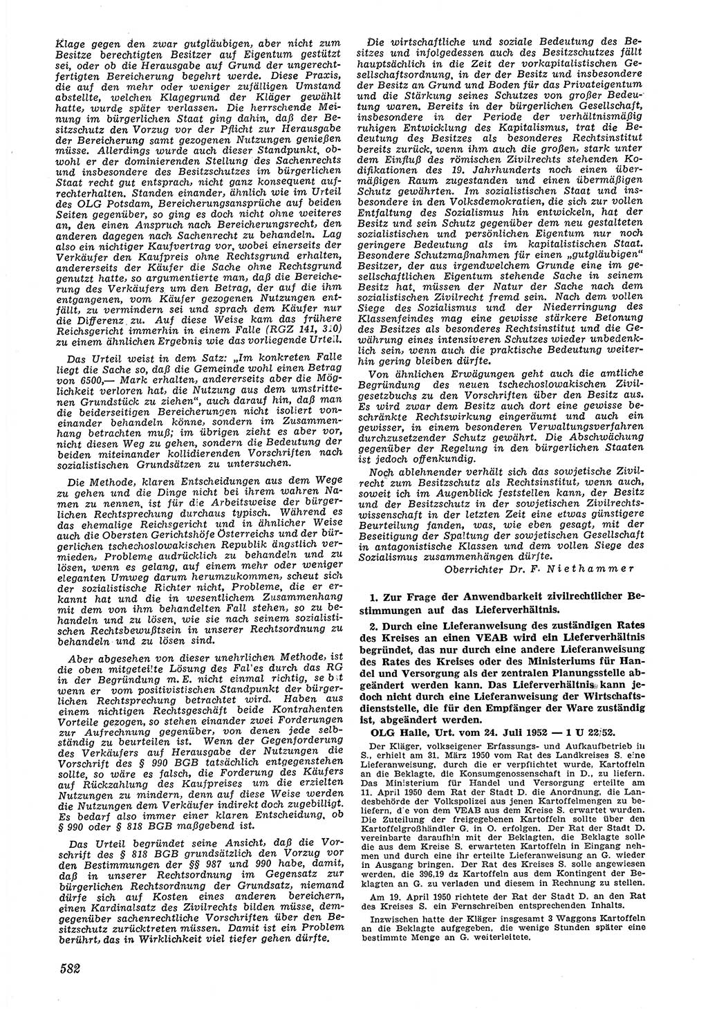 Neue Justiz (NJ), Zeitschrift für Recht und Rechtswissenschaft [Deutsche Demokratische Republik (DDR)], 6. Jahrgang 1952, Seite 582 (NJ DDR 1952, S. 582)