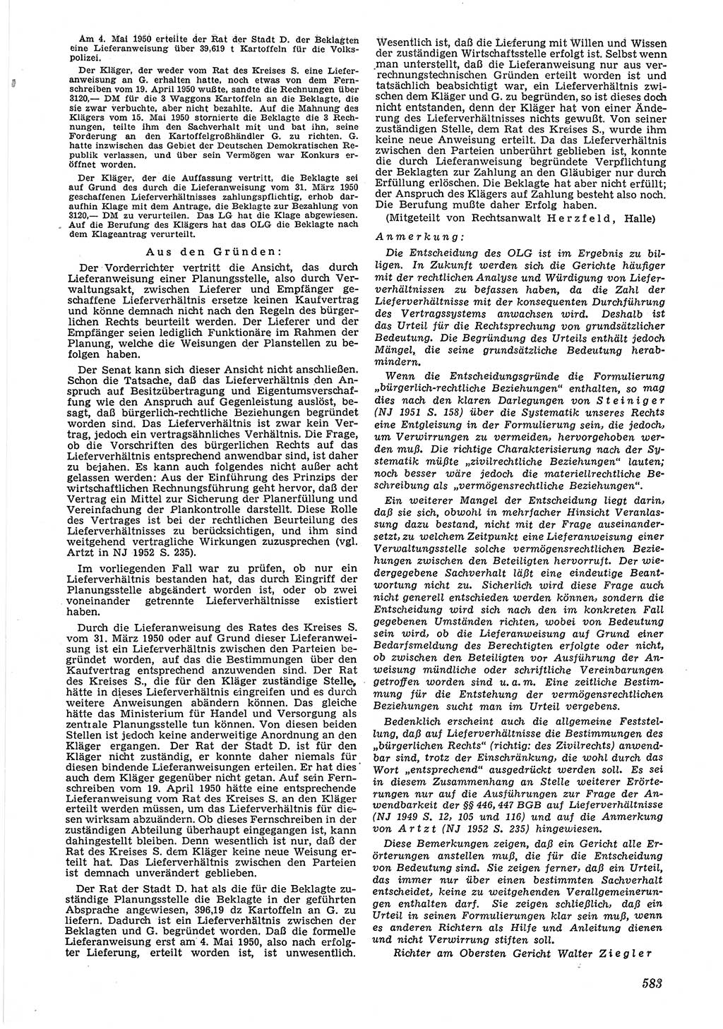 Neue Justiz (NJ), Zeitschrift für Recht und Rechtswissenschaft [Deutsche Demokratische Republik (DDR)], 6. Jahrgang 1952, Seite 583 (NJ DDR 1952, S. 583)