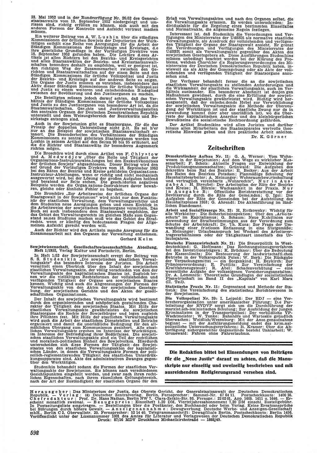 Neue Justiz (NJ), Zeitschrift für Recht und Rechtswissenschaft [Deutsche Demokratische Republik (DDR)], 6. Jahrgang 1952, Seite 592 (NJ DDR 1952, S. 592)