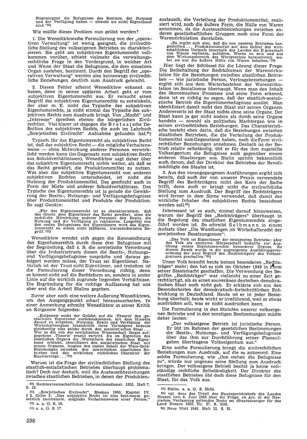 Neue Justiz (NJ), Zeitschrift für Recht und Rechtswissenschaft [Deutsche Demokratische Republik (DDR)], 6. Jahrgang 1952, Seite 598 (NJ DDR 1952, S. 598)