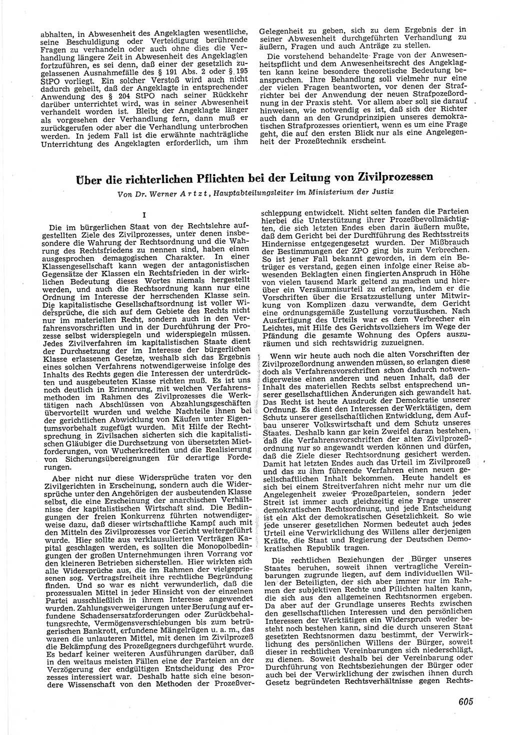 Neue Justiz (NJ), Zeitschrift für Recht und Rechtswissenschaft [Deutsche Demokratische Republik (DDR)], 6. Jahrgang 1952, Seite 605 (NJ DDR 1952, S. 605)