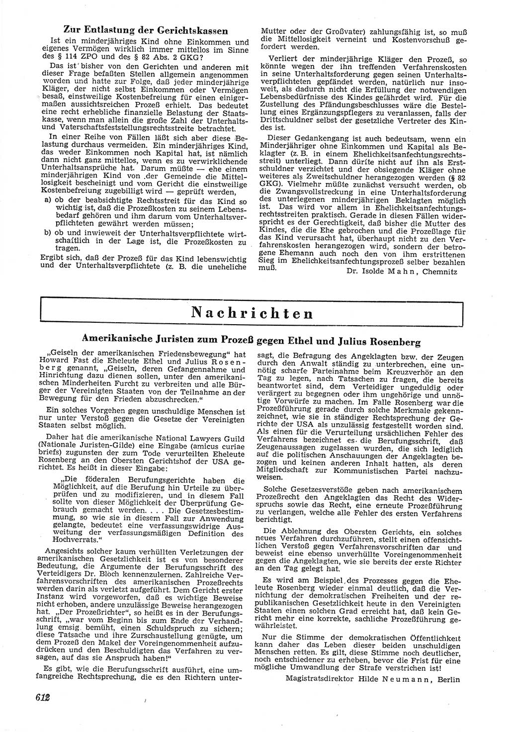 Neue Justiz (NJ), Zeitschrift für Recht und Rechtswissenschaft [Deutsche Demokratische Republik (DDR)], 6. Jahrgang 1952, Seite 612 (NJ DDR 1952, S. 612)