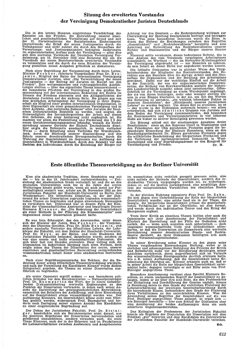 Neue Justiz (NJ), Zeitschrift für Recht und Rechtswissenschaft [Deutsche Demokratische Republik (DDR)], 6. Jahrgang 1952, Seite 613 (NJ DDR 1952, S. 613)