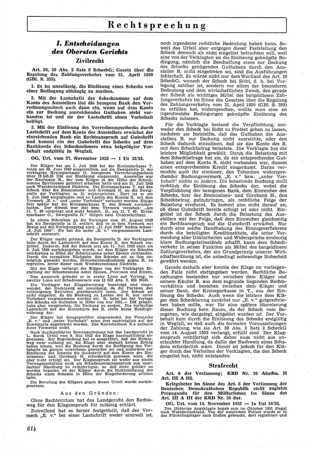 Neue Justiz (NJ), Zeitschrift für Recht und Rechtswissenschaft [Deutsche Demokratische Republik (DDR)], 6. Jahrgang 1952, Seite 614 (NJ DDR 1952, S. 614)