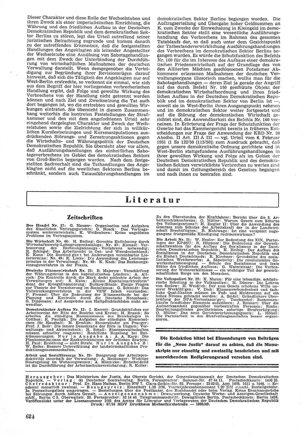 Neue Justiz (NJ), Zeitschrift für Recht und Rechtswissenschaft [Deutsche Demokratische Republik (DDR)], 6. Jahrgang 1952, Seite 624 (NJ DDR 1952, S. 624)