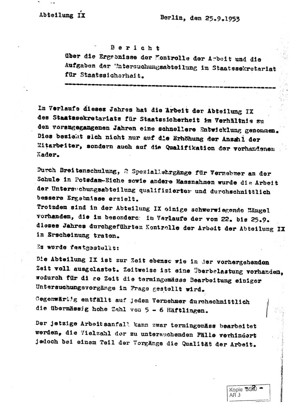 Staatssekretariat für Staatssicherheit (SfS) [Deutsche Demokratische Republik (DDR)], Abteilung (Abt.) Ⅸ, Berlin 1953, Seite 1 (Ber. SfS DDR Abt. Ⅸ /53 1953, S. 1)