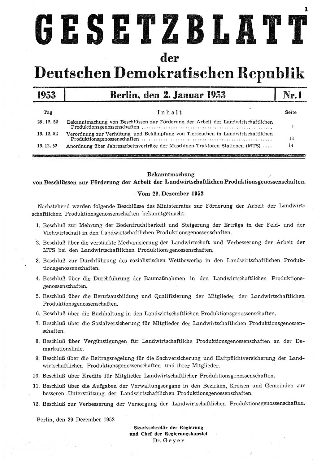 Gesetzblatt (GBl.) der Deutschen Demokratischen Republik (DDR) 1953, Seite 1 (GBl. DDR 1953, S. 1)