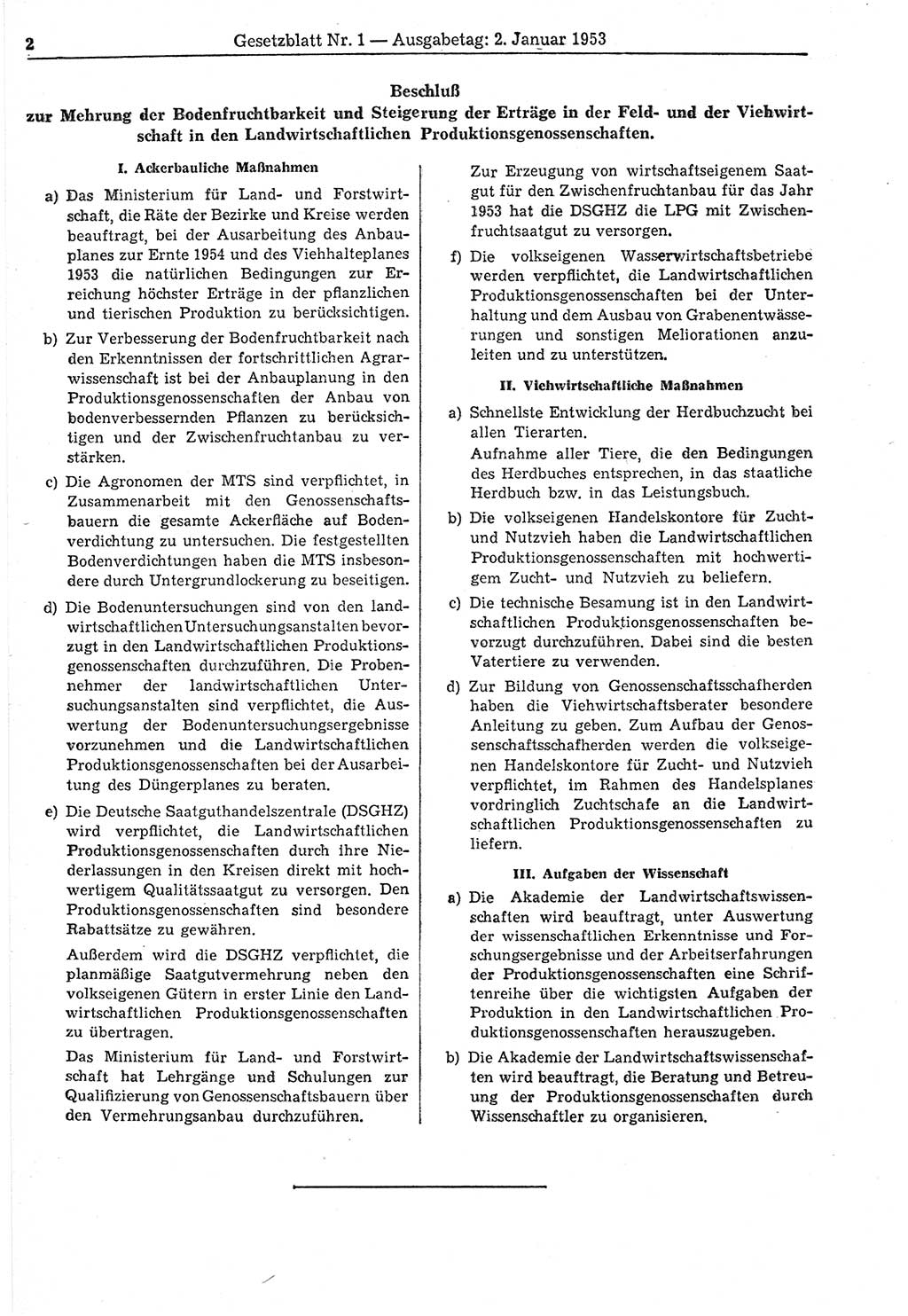 Gesetzblatt (GBl.) der Deutschen Demokratischen Republik (DDR) 1953, Seite 2 (GBl. DDR 1953, S. 2)
