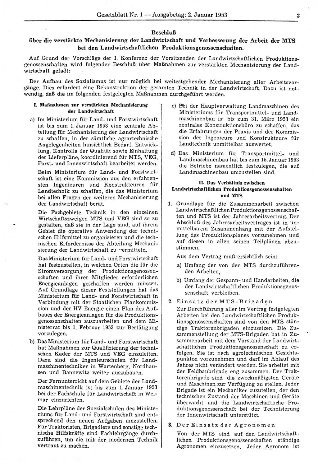 Gesetzblatt (GBl.) der Deutschen Demokratischen Republik (DDR) 1953, Seite 3 (GBl. DDR 1953, S. 3)