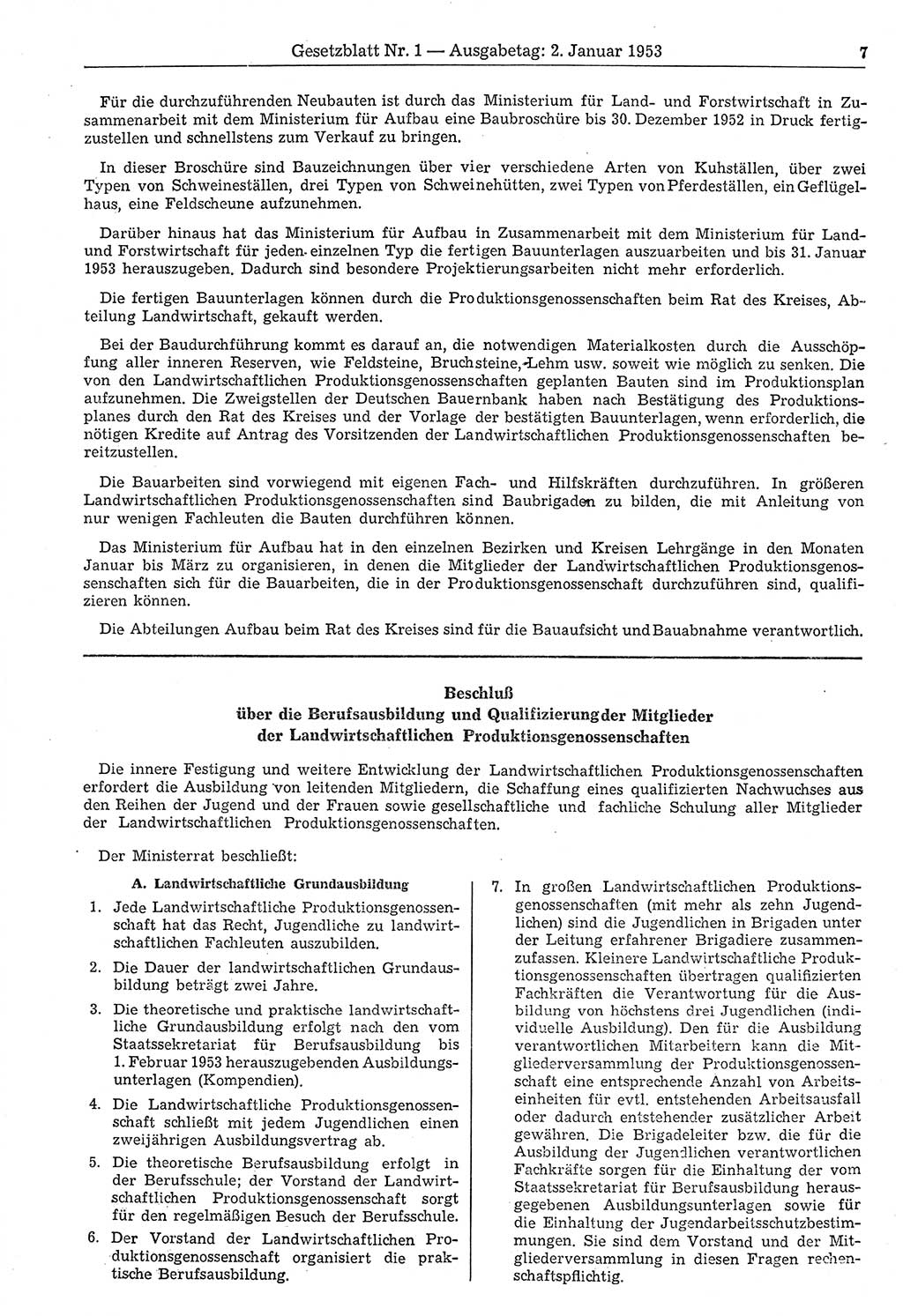 Gesetzblatt (GBl.) der Deutschen Demokratischen Republik (DDR) 1953, Seite 7 (GBl. DDR 1953, S. 7)