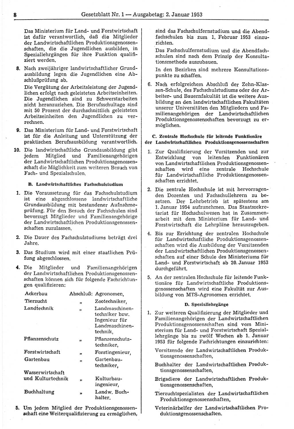 Gesetzblatt (GBl.) der Deutschen Demokratischen Republik (DDR) 1953, Seite 8 (GBl. DDR 1953, S. 8)