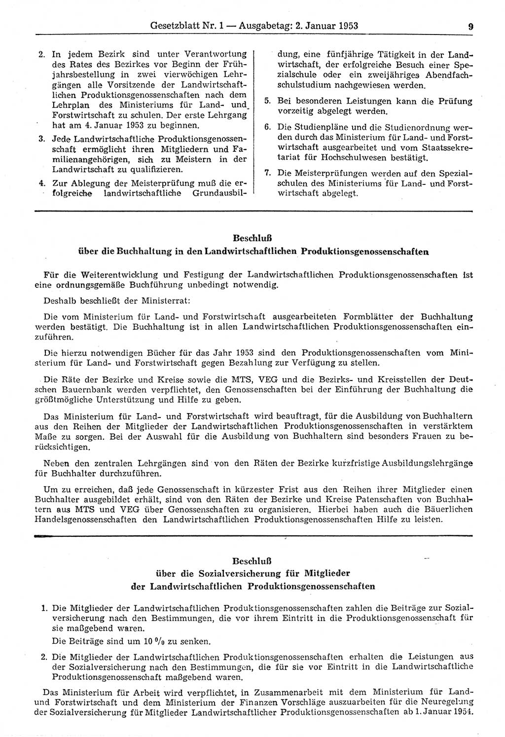 Gesetzblatt (GBl.) der Deutschen Demokratischen Republik (DDR) 1953, Seite 9 (GBl. DDR 1953, S. 9)