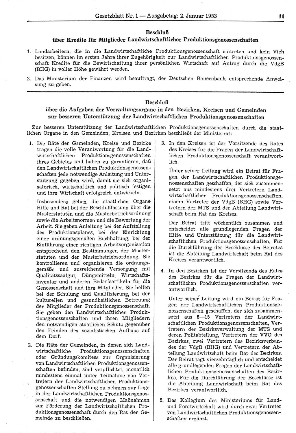 Gesetzblatt (GBl.) der Deutschen Demokratischen Republik (DDR) 1953, Seite 11 (GBl. DDR 1953, S. 11)