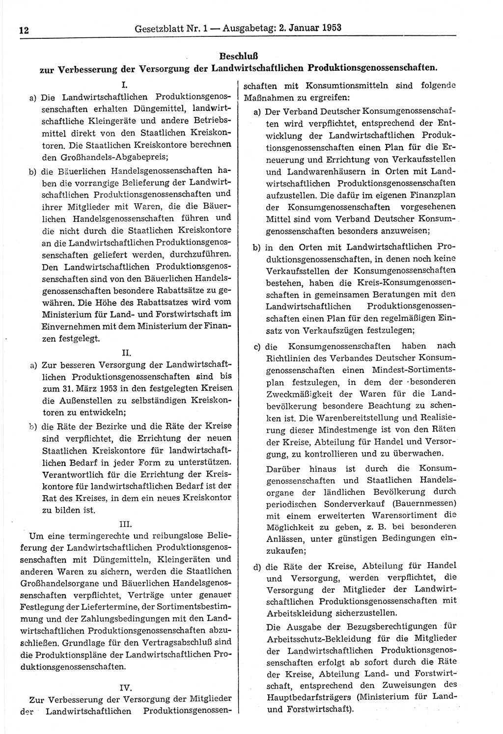 Gesetzblatt (GBl.) der Deutschen Demokratischen Republik (DDR) 1953, Seite 12 (GBl. DDR 1953, S. 12)