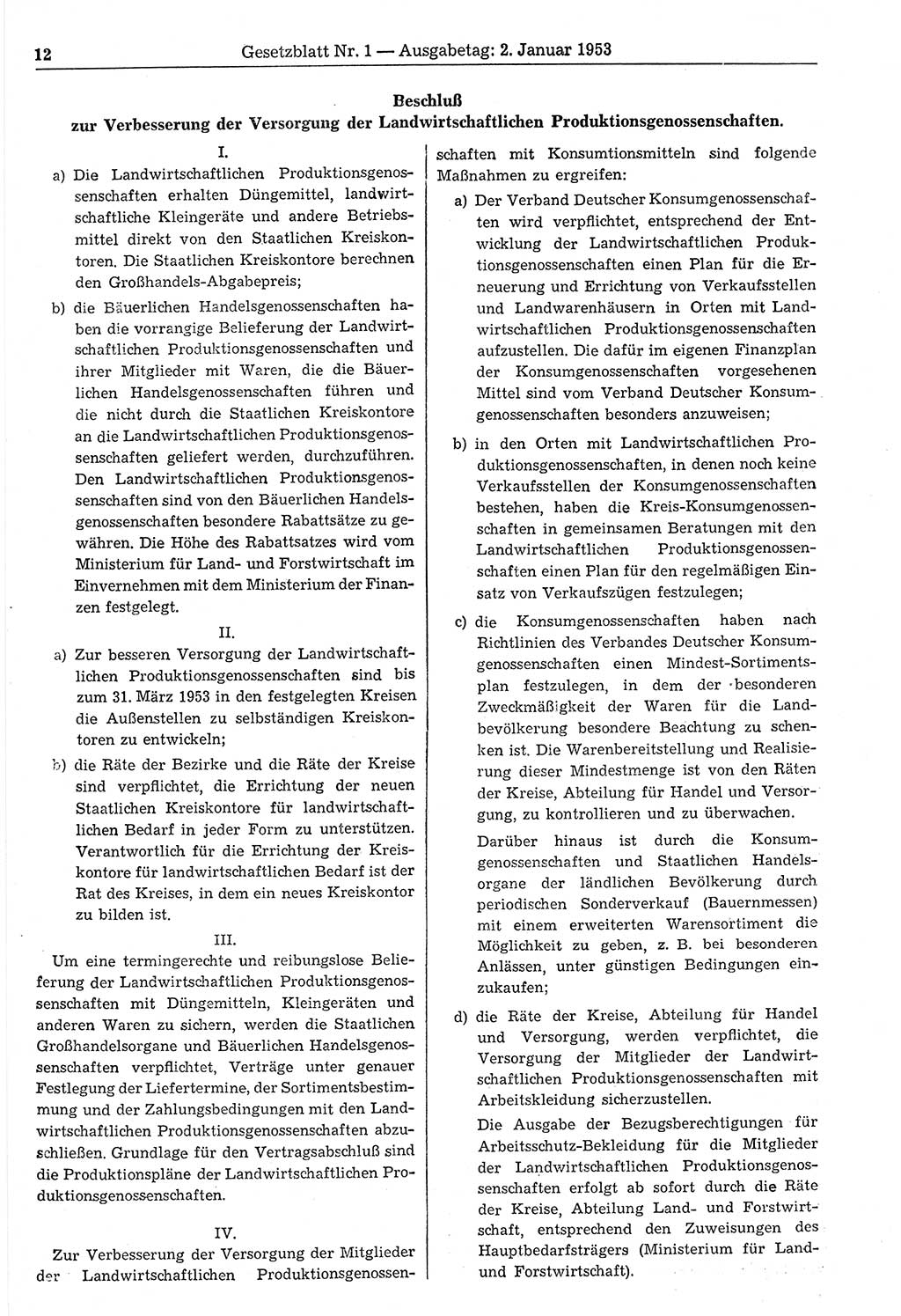 Gesetzblatt (GBl.) der Deutschen Demokratischen Republik (DDR) 1953, Seite 12 (GBl. DDR 1953, S. 12)