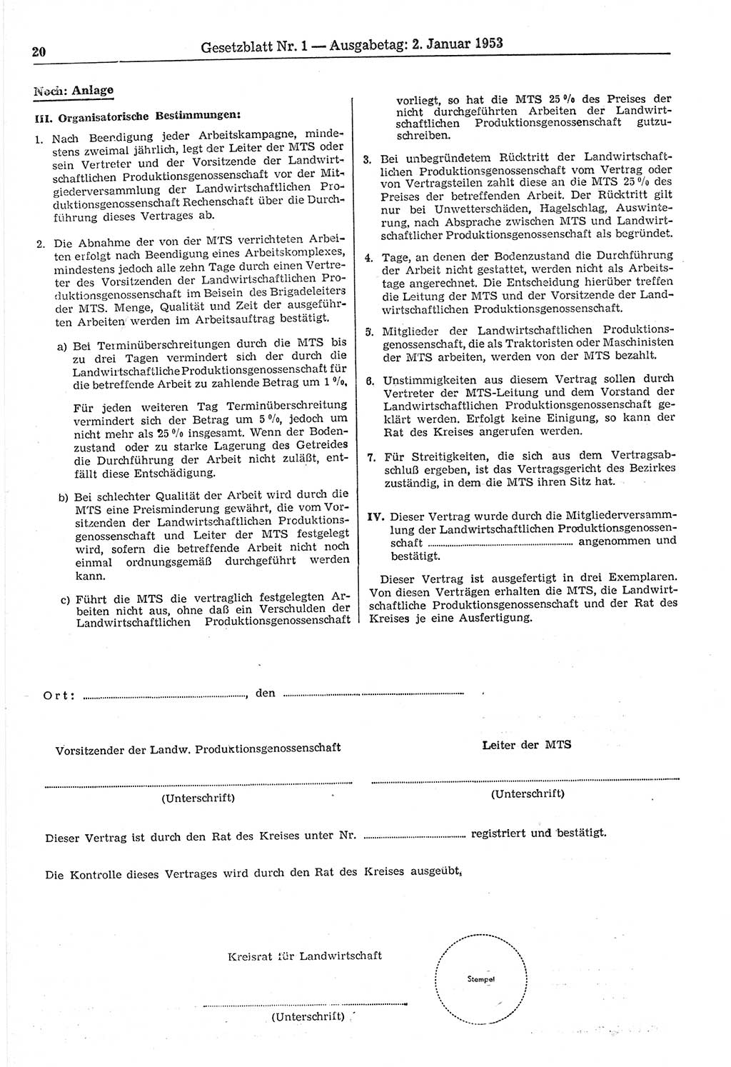 Gesetzblatt (GBl.) der Deutschen Demokratischen Republik (DDR) 1953, Seite 20 (GBl. DDR 1953, S. 20)