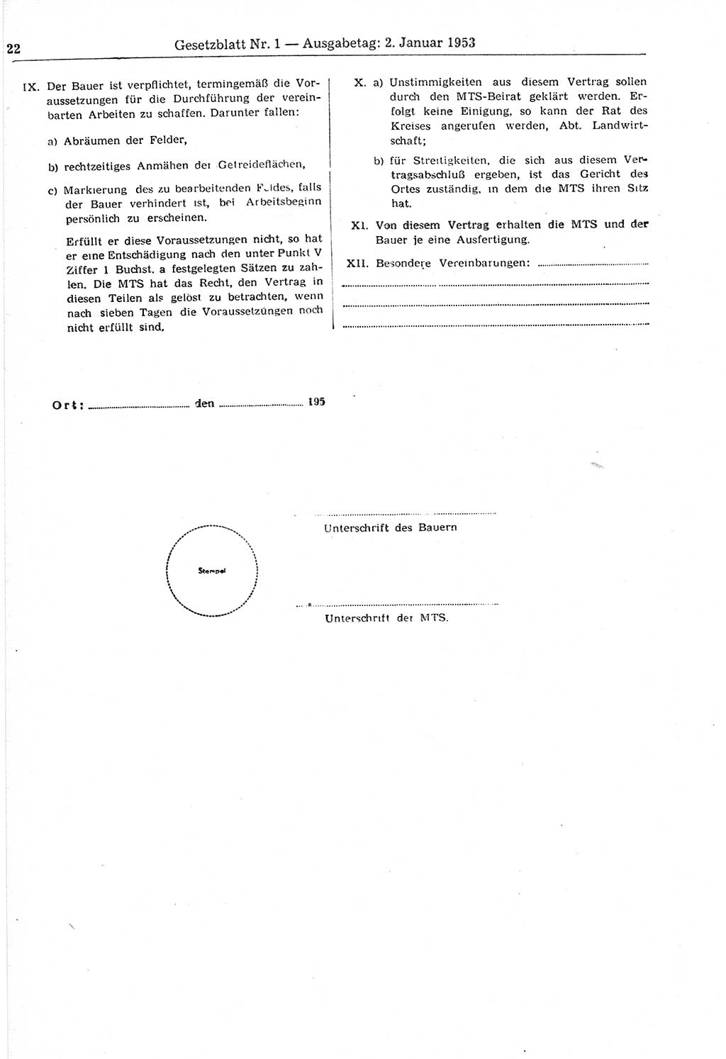 Gesetzblatt (GBl.) der Deutschen Demokratischen Republik (DDR) 1953, Seite 22 (GBl. DDR 1953, S. 22)
