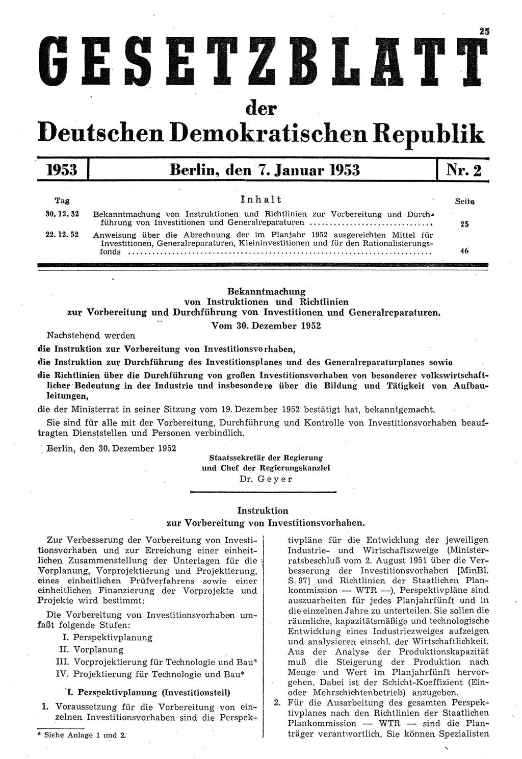 Gesetzblatt (GBl.) der Deutschen Demokratischen Republik (DDR) 1953, Seite 25 (GBl. DDR 1953, S. 25)