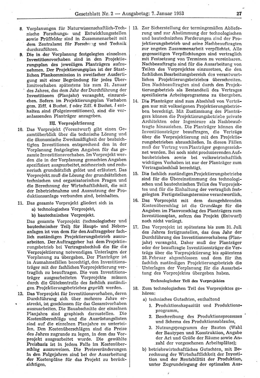 Gesetzblatt (GBl.) der Deutschen Demokratischen Republik (DDR) 1953, Seite 27 (GBl. DDR 1953, S. 27)