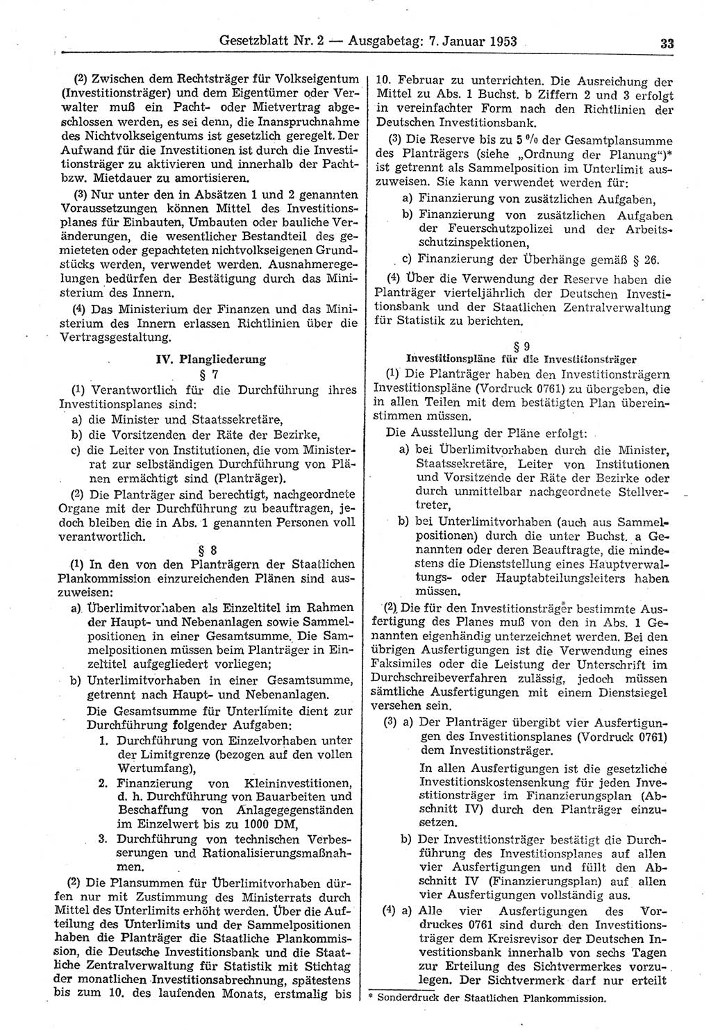 Gesetzblatt (GBl.) der Deutschen Demokratischen Republik (DDR) 1953, Seite 33 (GBl. DDR 1953, S. 33)