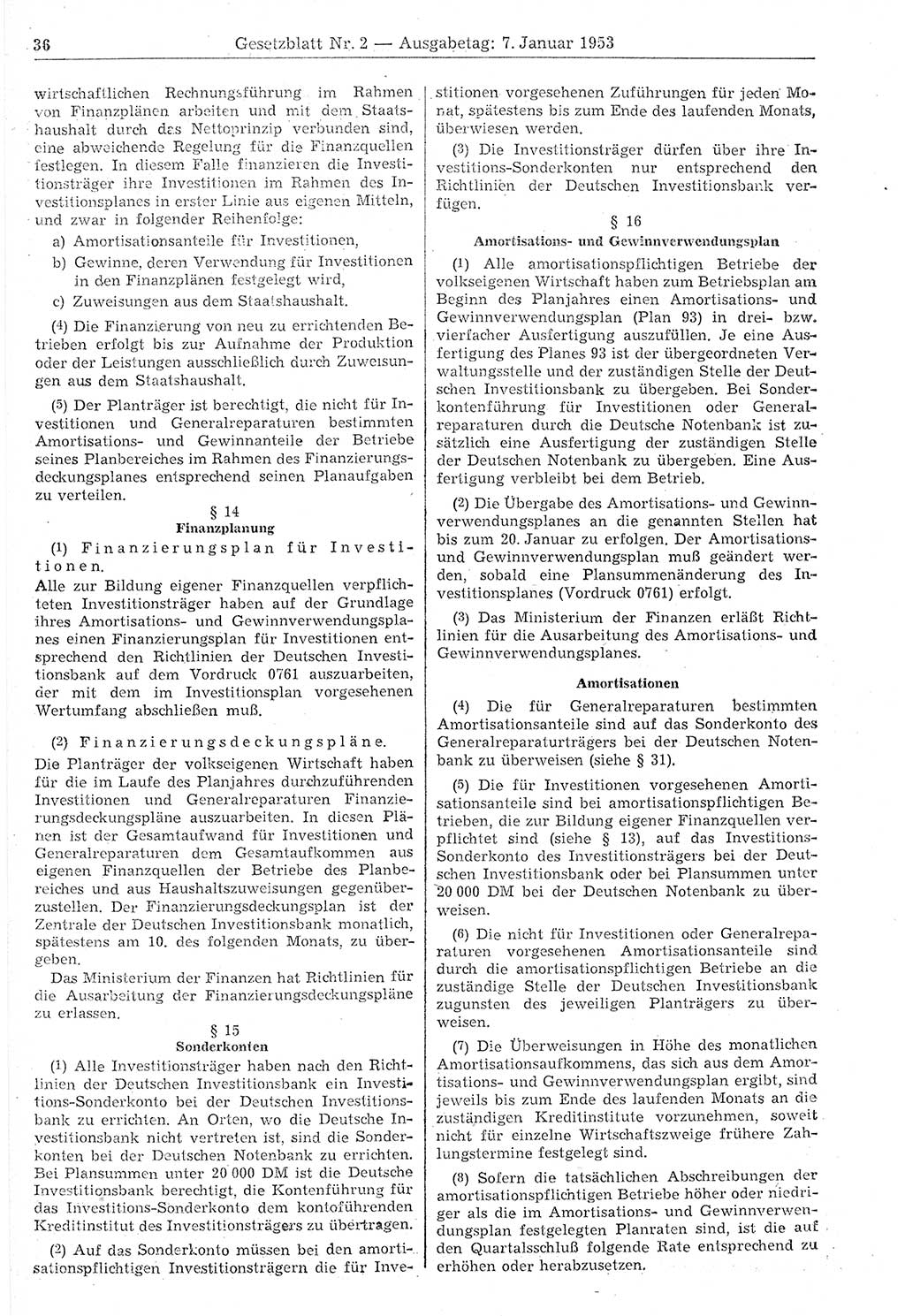 Gesetzblatt (GBl.) der Deutschen Demokratischen Republik (DDR) 1953, Seite 36 (GBl. DDR 1953, S. 36)