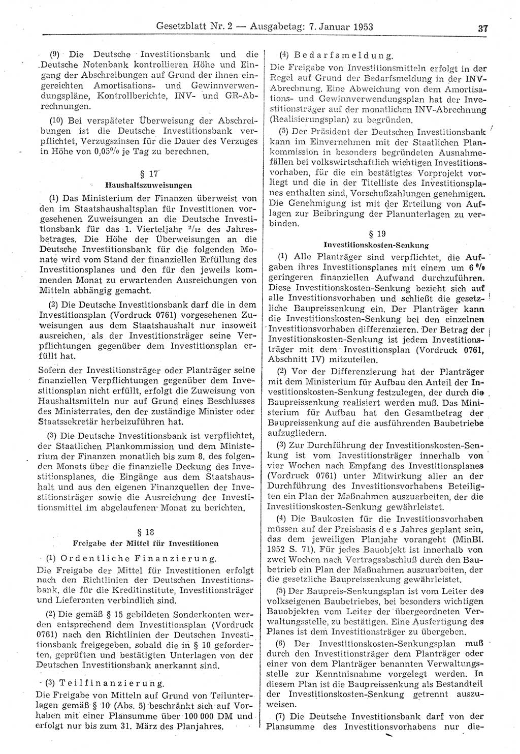 Gesetzblatt (GBl.) der Deutschen Demokratischen Republik (DDR) 1953, Seite 37 (GBl. DDR 1953, S. 37)