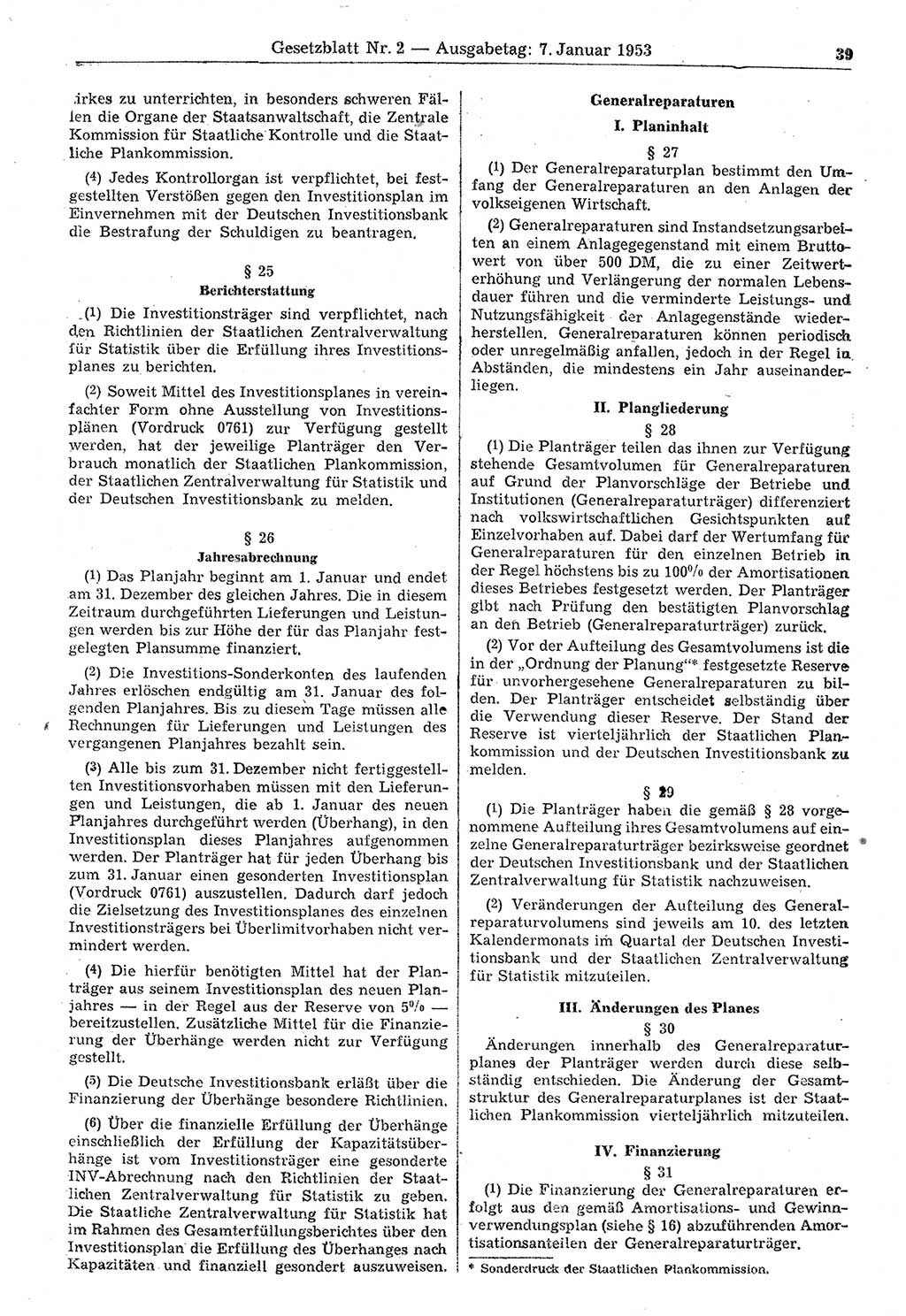 Gesetzblatt (GBl.) der Deutschen Demokratischen Republik (DDR) 1953, Seite 39 (GBl. DDR 1953, S. 39)