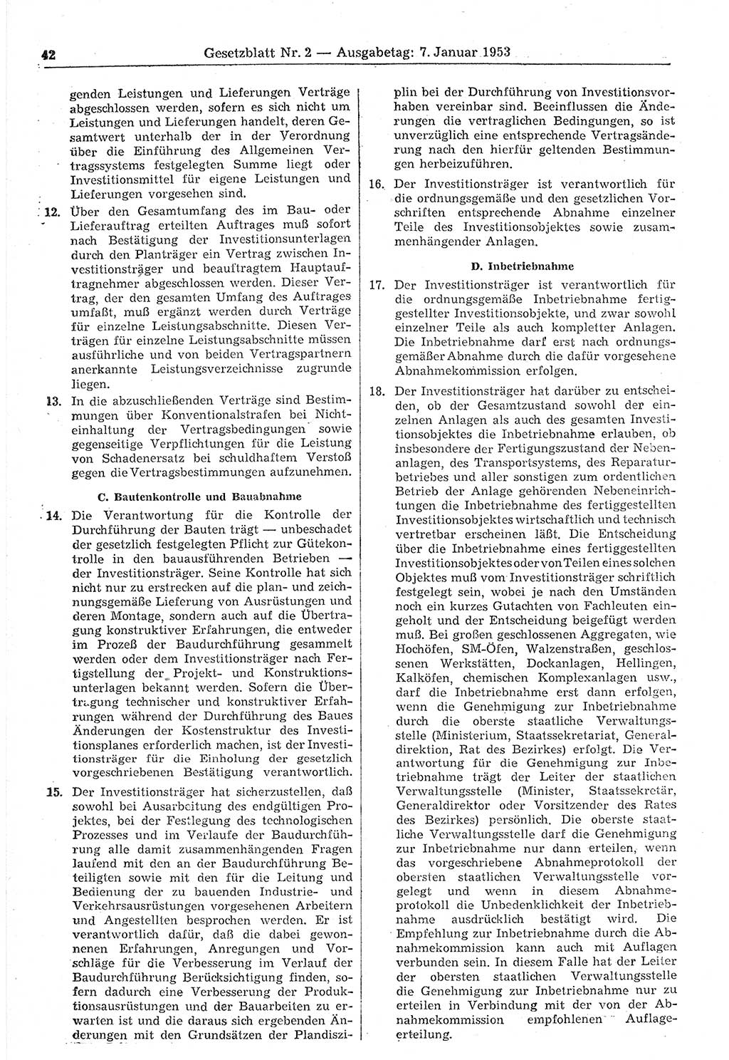 Gesetzblatt (GBl.) der Deutschen Demokratischen Republik (DDR) 1953, Seite 42 (GBl. DDR 1953, S. 42)